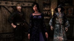 Jaal Balgruuf, Lilly the courier, Farengar; Balgruuf wearing a Regis robe, Lilly a Nostalgia Noble dress, and Farengar a Star Wizard robe